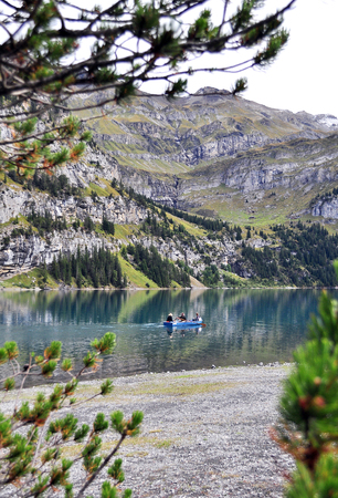 boats in the mountain lakeの写真素材