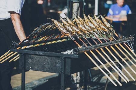 BBQ mackerel outdoorの写真素材