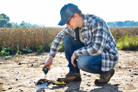 Agronomy specialist measuring soil pH value, moisture, temperature by using soil tester at...