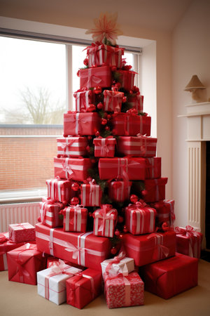 Presents placed beneath the festive Christmas tree, ready for the holiday seasonの素材