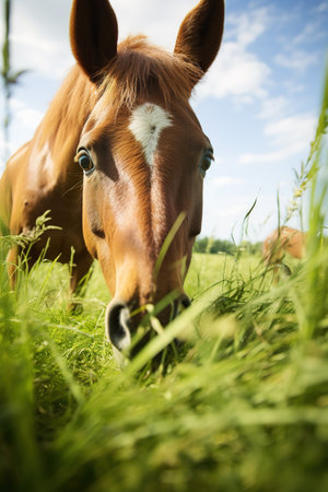 Horse grazing in a green field of summer serenity. Close-up of animal head outdoorsの素材
