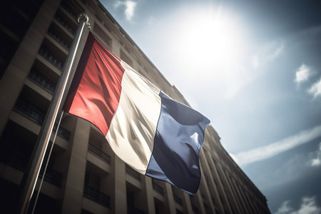 Radiant French Flag illuminated by bright sunbeams against administrative building backdropの素材