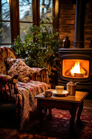 Hygge coziness emanates from a warm fireplace, creating a comforting atmosphere with soothing vibesの素材