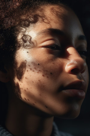 Woman with atopic eczema, close-up on cheek face, skin problemの素材