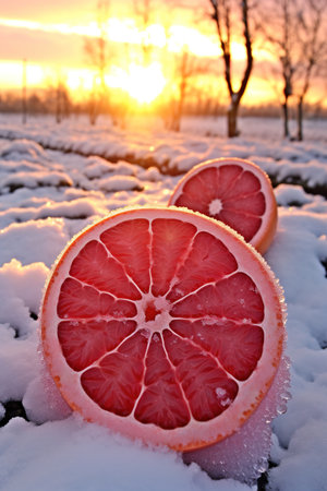 Essential citrus rich in Vitamin C for a cold season fruit boost. Frozen citrus fruit wedges in iceの素材