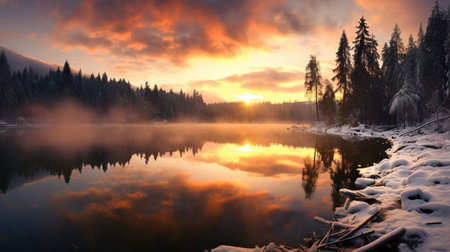Winter's Beauty, nature's tranquility, sunrise at lake landscape, serene winter sceneの素材
