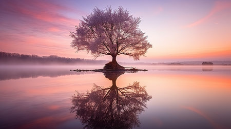 Spring serenity, misty lake, blossoming tree, lone reflection in nature's tranquil embraceの素材