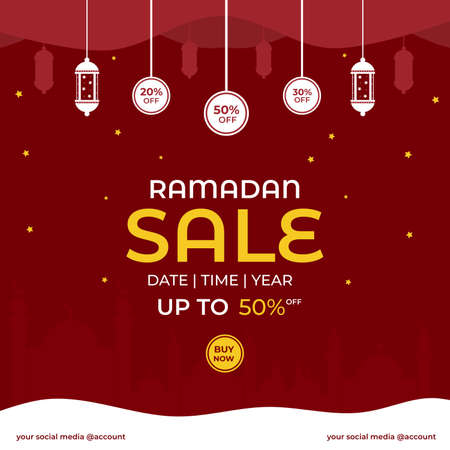 Islamic Holy Month -Ramadan Sale. Suitable for media post decorated with discount Price tag antique lantern and silhouette mosque designのイラスト素材