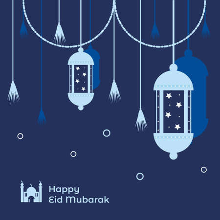 Islamic Holy Month, Blue Lantern Decoration Square Banner Eid Mubarak celebration flyer concept illustration. Suitable for social media post template.のイラスト素材