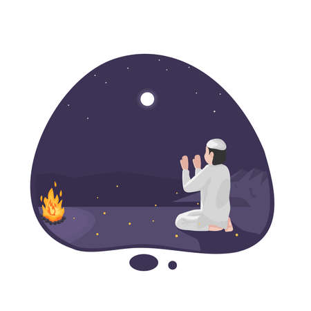 Vector illustration of Muslim praying in the desert at night. Modern flat design concepts suitable for banner, poster, websites, mobile websites template, landing page and many moreのイラスト素材
