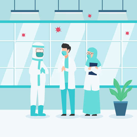 Doctor, nurse and men wearing hazmat clothes talk about coronavirus in hospitalのイラスト素材