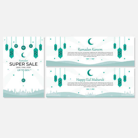 Islamic Holy Month, Set of Eid Mubarak and Ramadan social media post templates, decorated with beautiful moon designs, antique lanterns, mosque silhouette illustrations, landscape banners and potrait posterのイラスト素材