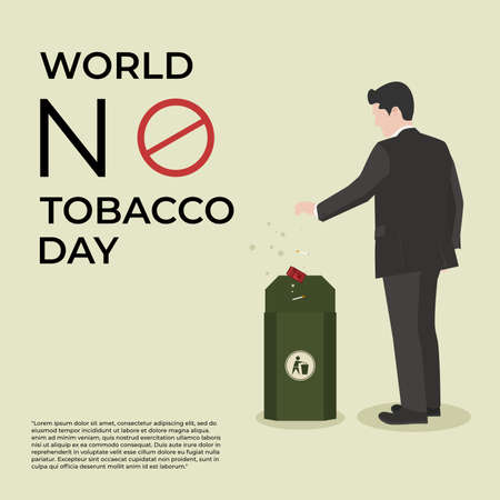 Square Banner Social media post template with vector illustration of a Man throwing his cigarettes into the trash. Suitable for World No Tobacco Dayのイラスト素材