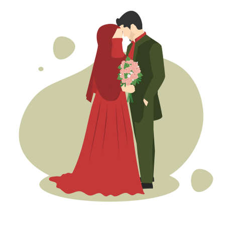 Vector illustration of a Muslim couples marriage, with a Man wearing Green kurta and Woman holding a flower in her hand wearing niqab and Red dressのイラスト素材