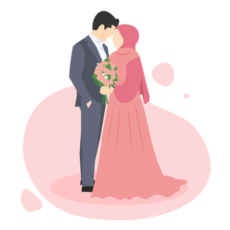 Vector illustration of a Muslim couples marriage, with a Man wearing gray suit and Woman holding a flower in her hand wearing a pink dressのイラスト素材