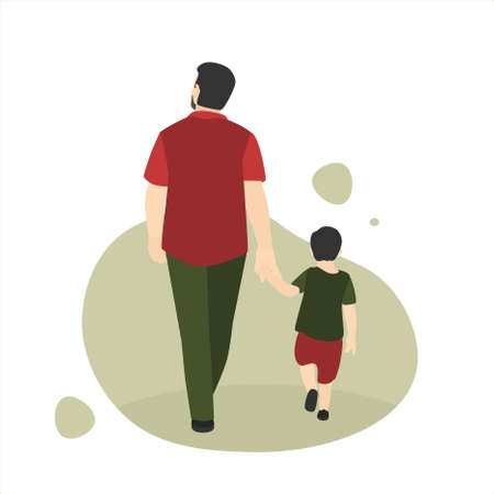 Vector illustration of Dad and son walking together, isolated on brown background. Bearded adult father holding his little son hand, perfect for happy family concept and a happy children's dayのイラスト素材