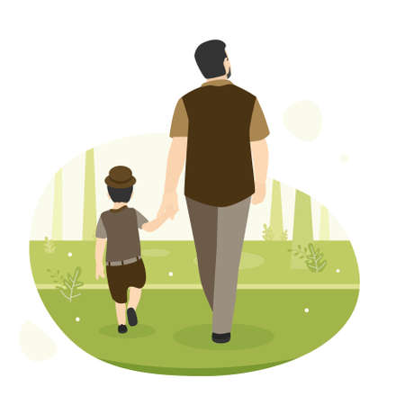 Vector illustration of Dad and Son walking together in the forest, Bearded adult father holding his little son hand, perfect for happy family concept and a happy children's dayのイラスト素材