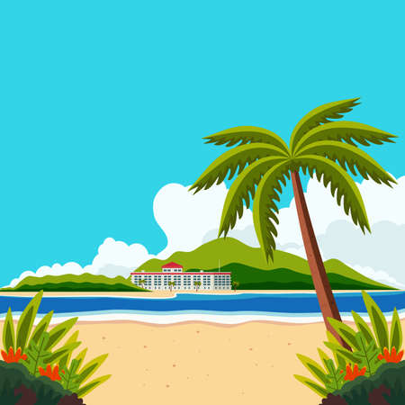 Vector Background Illustration of beach and island, with beachfront lodging building, palm trees, beach plants and beautiful clouds. Suitable for summertime concept, holiday banner on the beachのイラスト素材