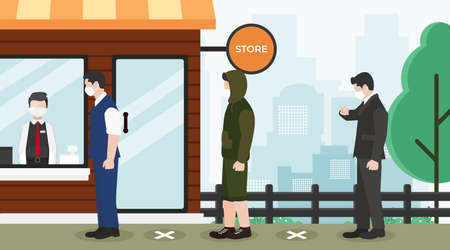 People stand in line outside the store, New normal concept with the reopening of the store. Vecor...