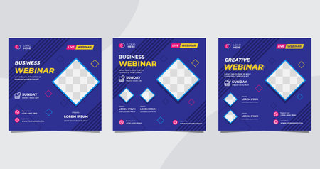 Set of minimalist social media post template for Business Webinar, Creative webinar, Online Education and other online seminars. with Navy color and Memphis style backgroundのイラスト素材