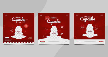 Set of Cupcake social media post templates with Red and white background, suitable for food and drink banners tooのイラスト素材