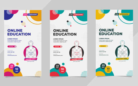 Set of minimalist social media stories post template for Online Education with geometric background and Memphis styleのイラスト素材