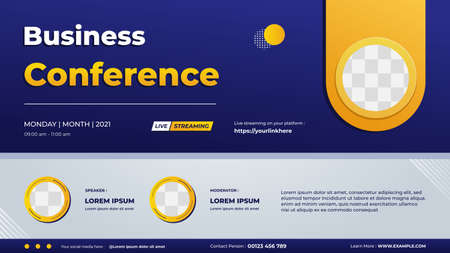 Business conference banner template for website with three circle frame and blue gradient geometric backgroundのイラスト素材