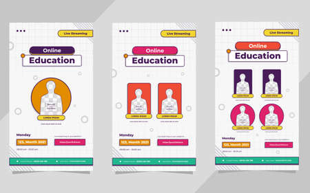 Set of social media stories post template for Online Education, Online class program, Courses and other E-Learning. with Memphis style and white geometric backgroundのイラスト素材
