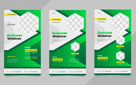 Set of business webinar social media stories post template with green gradient background and hexagon frameのイラスト素材