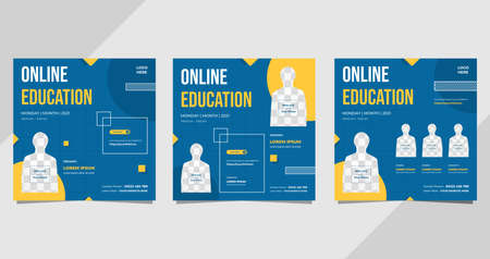 Set of social media post templates on minimalistic blue background. Suitable for Online Education, Business Webinars, and Other Seminarsのイラスト素材