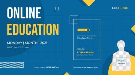 Website banner template for Online Education, Online Class Programs, Courses and other E-Learning. in Memphis style and yellow blue backgroundのイラスト素材
