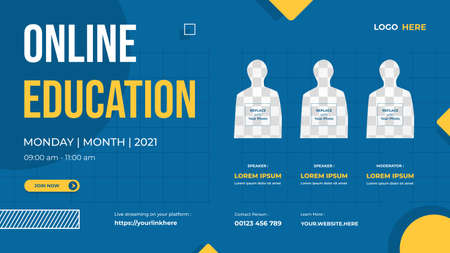 Website banner template With three speakers and blue yellow background suitable for Online Education, Online Class Programs, Courses and other E-Learningのイラスト素材