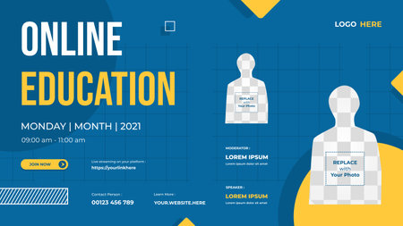 Website banner template With blue and yellow background for Online Education, Online Class Programs, Courses and other E-Learningのイラスト素材