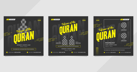 Tafsir of the quran, set of minimal social media templates with black and yellow backgrounds for studies, Islamic webinars, Islamic education etc.のイラスト素材