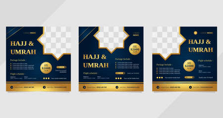 Set of social media template with navy blue gold luxury background for Hajj and Umrahのイラスト素材