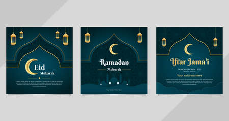 Set of Ramadan social media template with green backgroundのイラスト素材