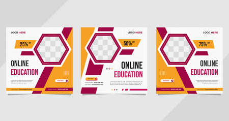 Set of social media post templates with geometric background and hexagon frame for Online Educationのイラスト素材