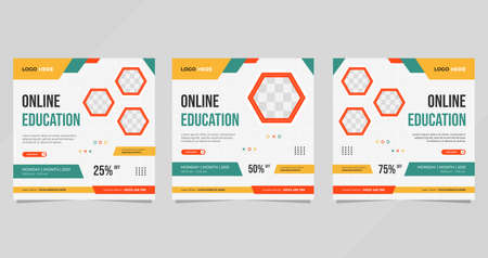 Set of social media post template with geometric background and hexagon frame for Online Educationのイラスト素材