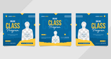 Set of social media post templates on minimalistic blue background. Suitable for Online class program and Online Educationのイラスト素材