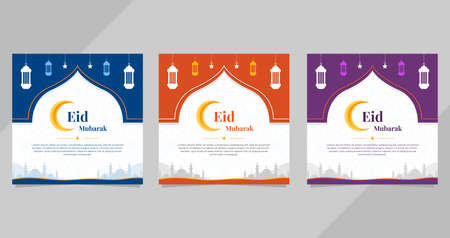 Set of Eid Mubarak social media template with white geometric pattern backgroundのイラスト素材