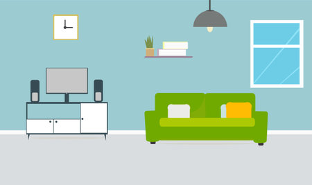 interior of the living room. Vector banner. Design of a cozy room with sofa, TV stand, window and decor accessoriesのイラスト素材