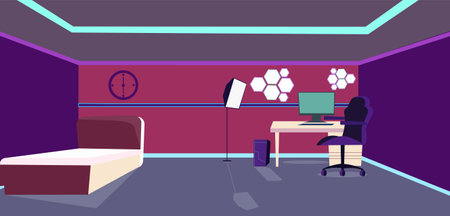 Vector game room illustration, modern esports concept. Night stream, digital entertainment in neon lights in clubs, lounges. computers, gamepads for consoles and comfortable furnitのイラスト素材