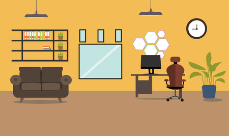 Modern interior in bright colours with workplace, computer, lamp, cozy sofa, chair, bookshelf, books stock vector illustration. Elegant room for your designのイラスト素材