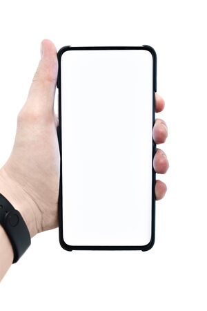 Mobile smartphone with a white display with a white background and copy space. People are showing cell phonesの写真素材