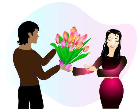 beautiful lady happily accepts a bouquet of tulips from her loved one. Spring full of love. women's day. st valentines dayのイラスト素材