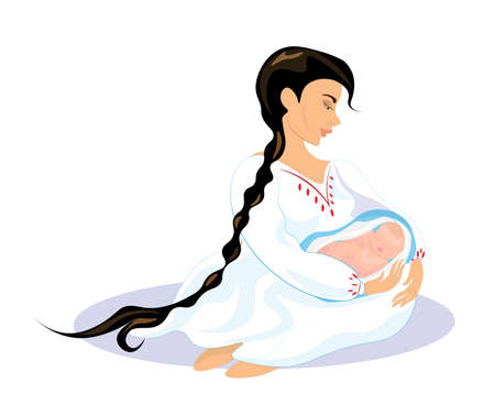 Tender illustration of a mother with a child. The child sleeps sweetly, and the mother sways him in her arms.のイラスト素材