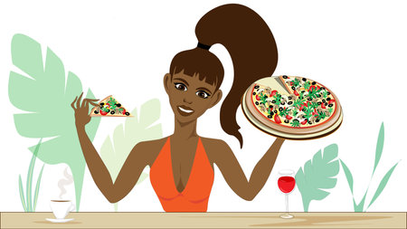 A dark-haired woman holds up a box of deliciously flavored pizza. The drool is flowing.のイラスト素材