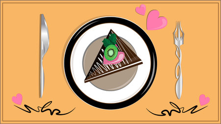 A delicious creamy dessert, chocolate cheesecake with cream, marmalade and fresh kiwi.のイラスト素材