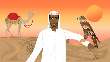 beautiful desert of golden sand. The hot sun paints the sky in the fiery colors of sunset. An Arabian man holds an eagle on his arm.のイラスト素材