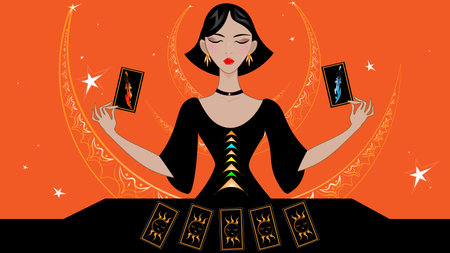 A beautiful lady future teller in an elegant black dress does a tarot reading of the future, past and present.のイラスト素材